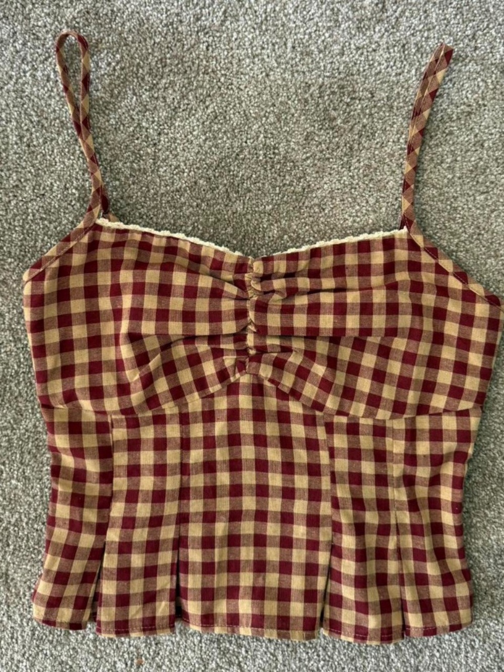 red and tan gingham top with lace trim 🧺